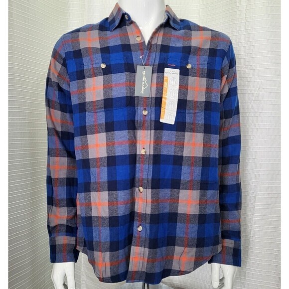 NWT Eddie Bauer Flannel Shirt Blue Orange Plaid Button Down Men's M - Picture 1 of 12